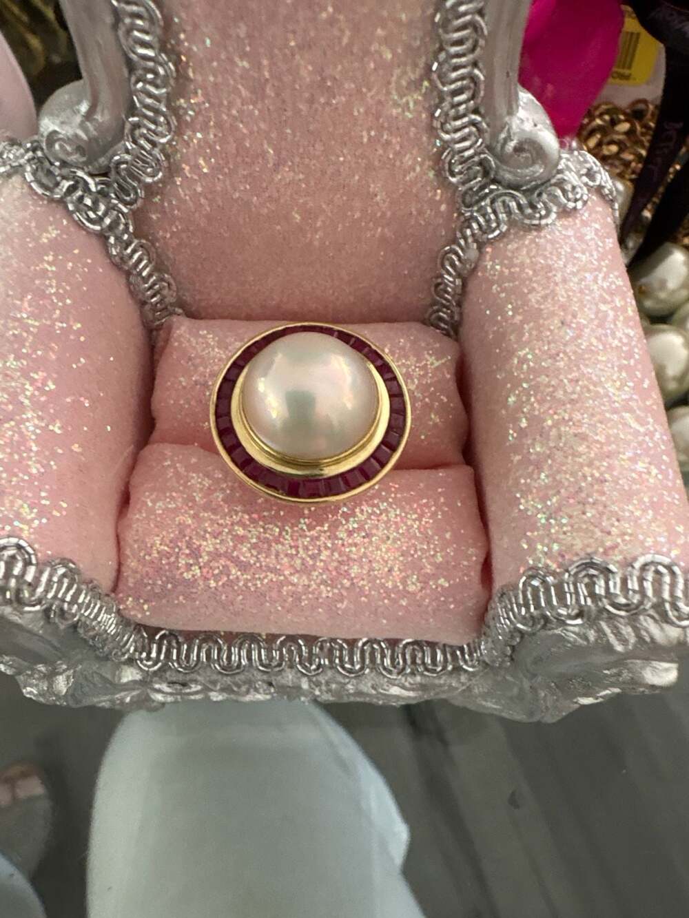 Vintage 14K Yellow Gold Mabe Pearl and Ruby Halo Statement Ring